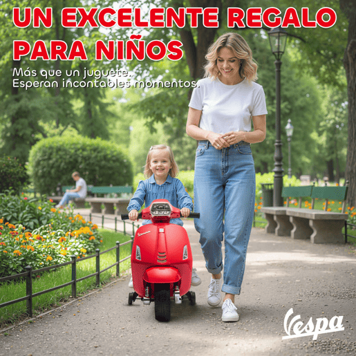 AIYAPLAY Moto Elétrica Infantil 6V com Licença Vespa, Moto Elétrica para Crianças com Rodas Auxiliares de 6,9'', Velocidade de 2,5 kmh, Farol e Buzina, para Crianças de 2 a 4 Anos, Vermelha