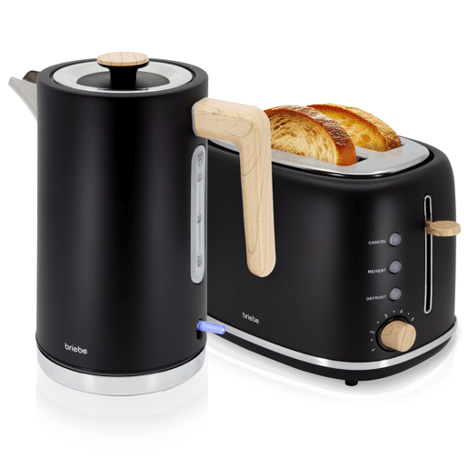 Briebe SKT1167BLK Nordic Conjunto de Torradeira de Pão com Fenda Larga, 2 Fatias + Chaleira Elétrica 1,7L sem Fio, sem BPA, 2200, Preto