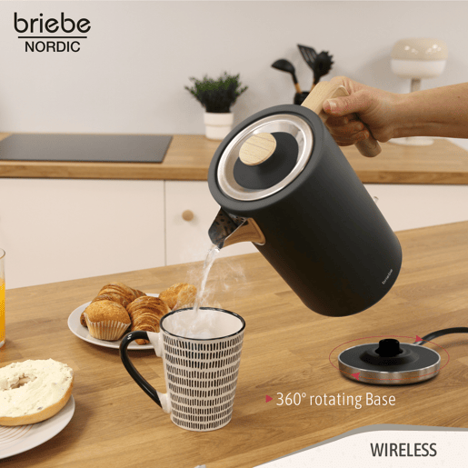 Briebe SKT1167BLK Nordic Conjunto de Torradeira de Pão com Fenda Larga, 2 Fatias + Chaleira Elétrica 1,7L sem Fio, sem BPA, 2200, Preto