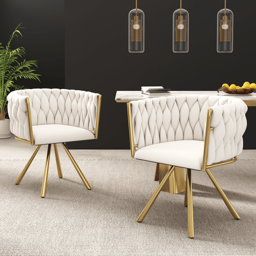 Cadeira de jantar individual - Poltrona giratória de luxo para sala e quarto - Bege e dourado