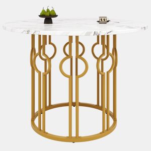 Mesa redonda 100x100x76 cm - Mesa de jantar com pernas metálicas e tampo em MDF marmorizado - Dourado
