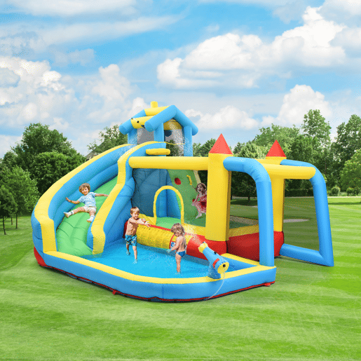 Castelo insuflável para crianças 364x315x239 cm - 5 em 1 com escorrega, área de salto, piscina, rede de futebol - multicolorido