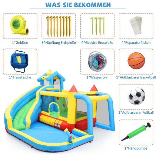 Castelo insuflável para crianças 364x315x239 cm - 5 em 1 com escorrega, área de salto, piscina, rede de futebol - multicolorido