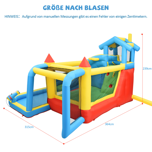 Castelo insuflável para crianças 364x315x239 cm - 5 em 1 com escorrega, área de salto, piscina, rede de futebol - multicolorido