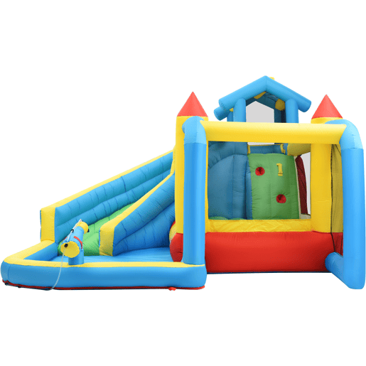 Castelo insuflável para crianças 364x315x239 cm - 5 em 1 com escorrega, área de salto, piscina, rede de futebol - multicolorido
