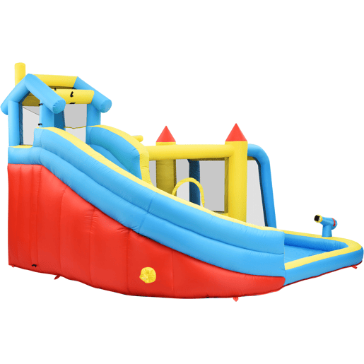 Castelo insuflável para crianças 364x315x239 cm - 5 em 1 com escorrega, área de salto, piscina, rede de futebol - multicolorido