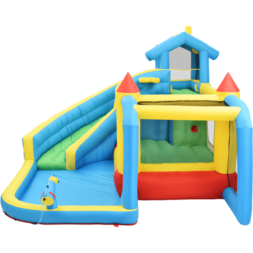 Castelo insuflável para crianças 364x315x239 cm - 5 em 1 com escorrega, área de salto, piscina, rede de futebol - multicolorido
