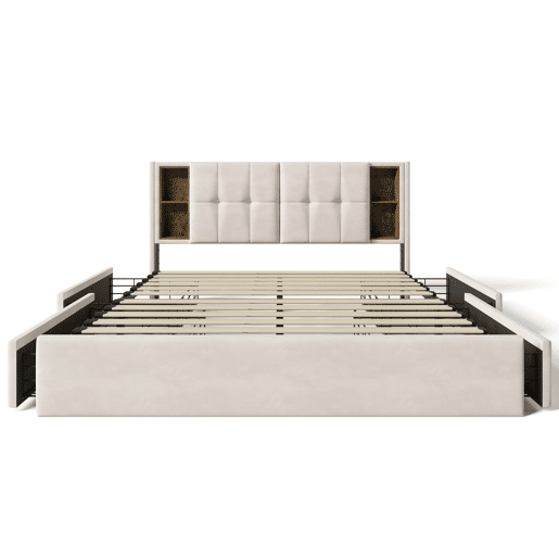 Cama de casal 160x200cm - Cama estofada com 4 gavetas e carregamento sem fios USB C - Veludo bege