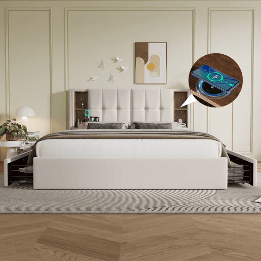 Cama de casal 160x200cm - Cama estofada com 4 gavetas e carregamento sem fios USB C - Veludo bege