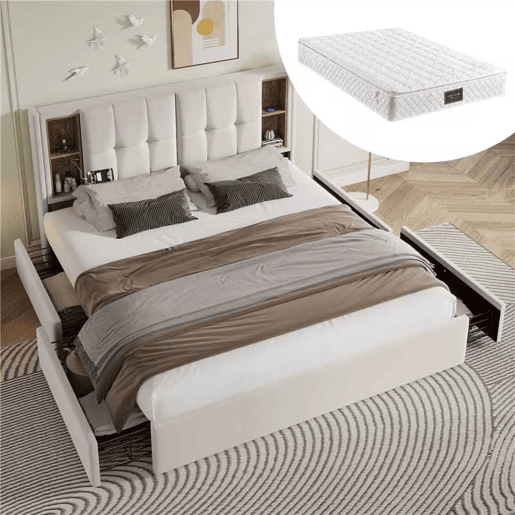 Cama de casal 160x200cm - Cama estofada com 4 gavetas e carregamento sem fios USB C - Veludo bege