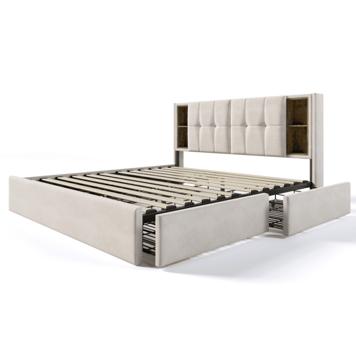 Cama de casal 160x200cm - Cama estofada com 4 gavetas e carregamento sem fios USB C - Veludo bege