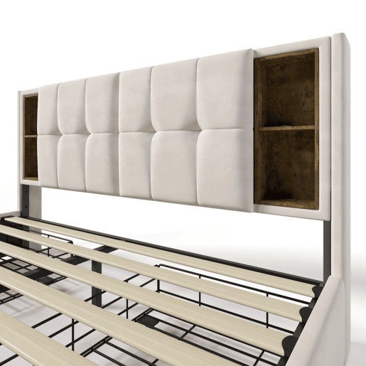 Cama de casal 160x200cm - Cama estofada com 4 gavetas e carregamento sem fios USB C - Veludo bege