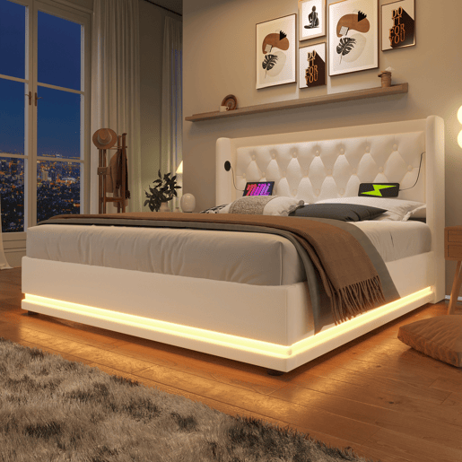 Cama estofada 160*200 cm - Material PU, Cama com arrumação hidráulica, Cabeceira acolchoada com carregador USB Tipo-C, Função LED em 3 lados - Branco