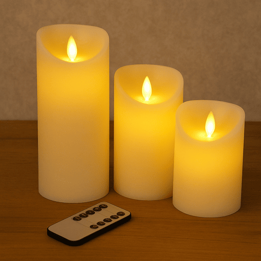 Conjunto de 3 velas LED com efeito cera, chama cintilante, controle remoto