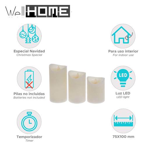 Conjunto de 3 velas LED com efeito cera, chama cintilante, controle remoto