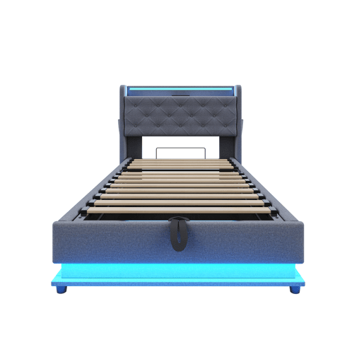 Cama infantil 90x200 cm - Com luzes LED que mudam de cor, porta USB, cabeceira rebatível, armazenamento hidráulico, bolsa para telemóvel - Cinza