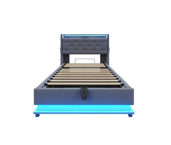 Cama infantil 90x200 cm - con luces led que cambian de color, puerto usb, cabecero abatible, almacenamiento hidráulico, bolsa para teléfono - gris