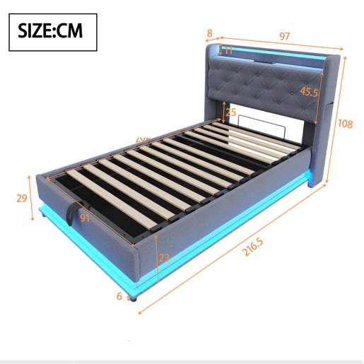 Cama infantil 90x200 cm - Com luzes LED que mudam de cor, porta USB, cabeceira rebatível, armazenamento hidráulico, bolsa para telemóvel - Cinza