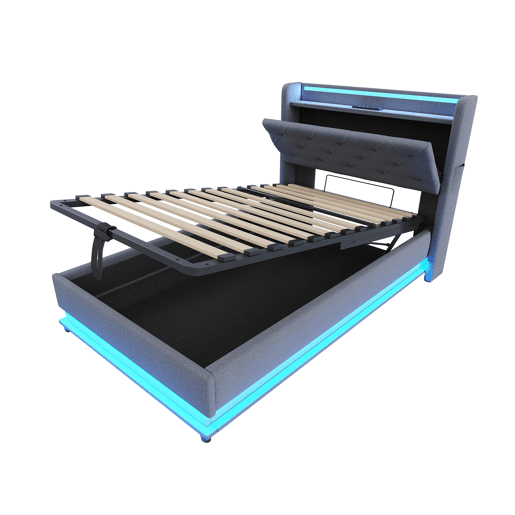 Cama infantil 90x200 cm - Com luzes LED que mudam de cor, porta USB, cabeceira rebatível, armazenamento hidráulico, bolsa para telemóvel - Cinza