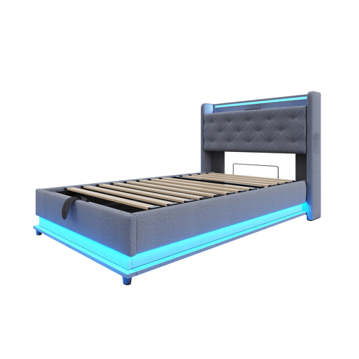 Cama infantil 90x200 cm - Com luzes LED que mudam de cor, porta USB, cabeceira rebatível, armazenamento hidráulico, bolsa para telemóvel - Cinza