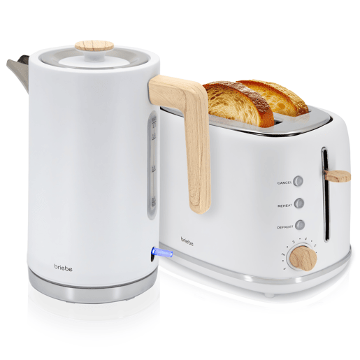Briebe SKT1167WHT Nordic Conjunto de Torradeira de Pão com Fenda Larga, 2 Fatias + Chaleira Elétrica 1,7L sem Fio, sem BPA, 2200, Branco