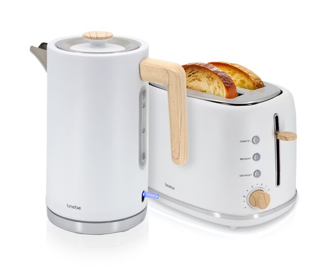 Briebe skt1167wht nordic set tostadora pan ranura ancha 2 rebanadas + hervidor agua eléctrico 1,7l inalámbrico, 2200, blanco