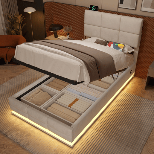 Cama estofada moderna 90x200 cm - cabeceira ajustável, portas USBType-C, iluminação LED ambiente, sistema hidráulico e armazenamento XXL - Bege