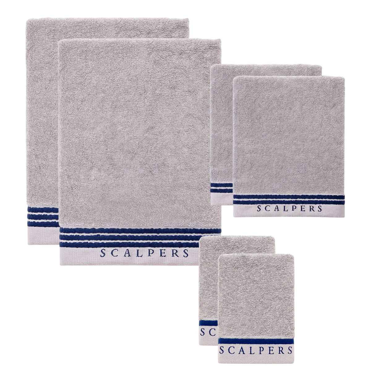 Set 6 toallas baño (2x tocador 30x50cm + 2x manos 50x90cm + 2x baño 70x140cm) 450gsm en algodón gris con azul scalpers home