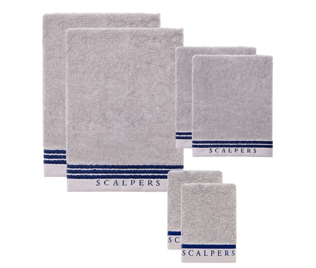 Set 6 toallas baño (2x tocador 30x50cm + 2x manos 50x90cm + 2x baño 70x140cm) 450gsm en algodón gris con azul scalpers home