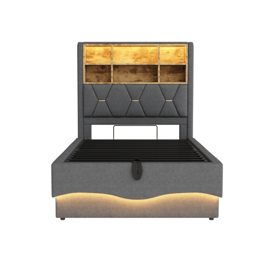 Cama infantil 90x200 cm - Hidráulica com armazenamento, faixa LED controlada por APP, porta USB, estrado de lâminas de metal, estofamento em linho - Cinza