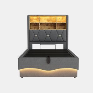 Cama infantil 90x200 cm - Hidráulica com armazenamento, faixa LED controlada por APP, porta USB, estrado de lâminas de metal, estofamento em linho - Cinza