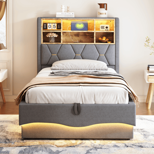 Cama infantil 90x200 cm - Hidráulica com armazenamento, faixa LED controlada por APP, porta USB, estrado de lâminas de metal, estofamento em linho - Cinza