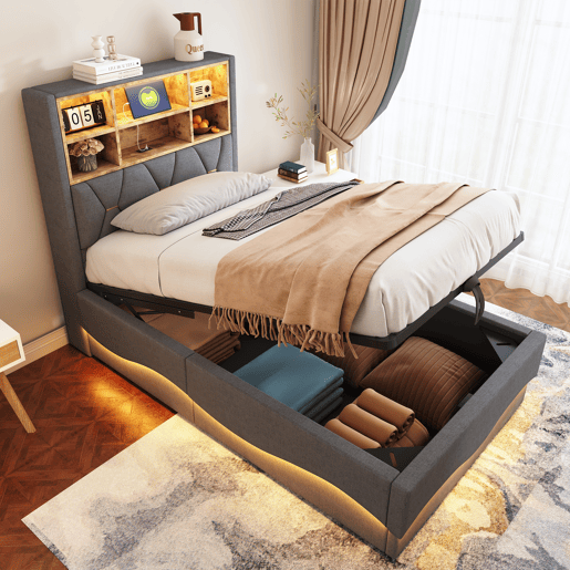 Cama infantil 90x200 cm - Hidráulica com armazenamento, faixa LED controlada por APP, porta USB, estrado de lâminas de metal, estofamento em linho - Cinza