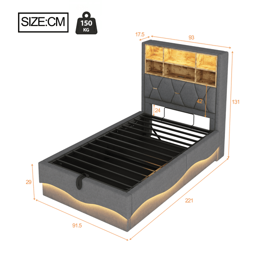 Cama infantil 90x200 cm - Hidráulica com armazenamento, faixa LED controlada por APP, porta USB, estrado de lâminas de metal, estofamento em linho - Cinza
