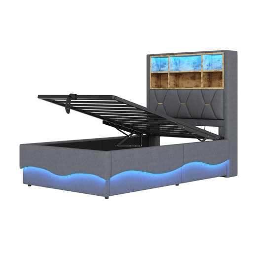 Cama infantil 90x200 cm - Hidráulica com armazenamento, faixa LED controlada por APP, porta USB, estrado de lâminas de metal, estofamento em linho - Cinza