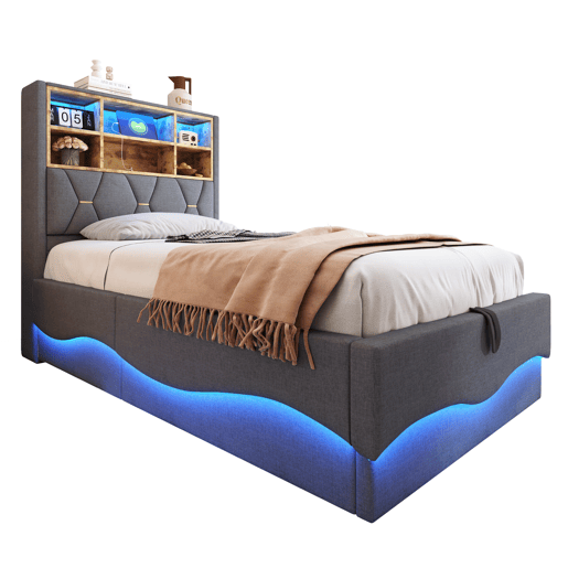 Cama infantil 90x200 cm - Hidráulica com armazenamento, faixa LED controlada por APP, porta USB, estrado de lâminas de metal, estofamento em linho - Cinza