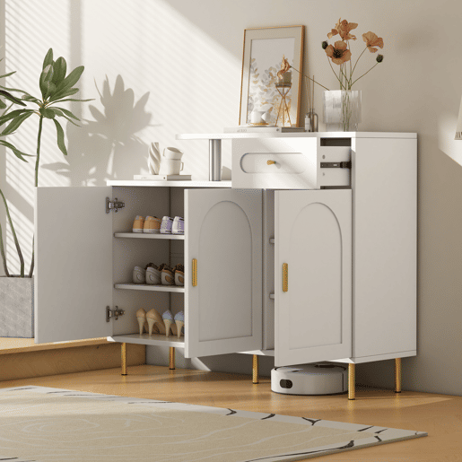 Cômoda 120x35x92 cm - com 1 gaveta e 3 portas, com puxadores e pés metálicos - Branco