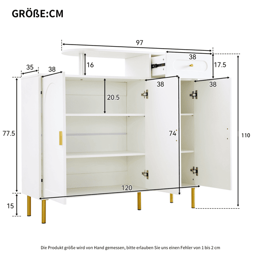 Cômoda 120x35x92 cm - com 1 gaveta e 3 portas, com puxadores e pés metálicos - Branco