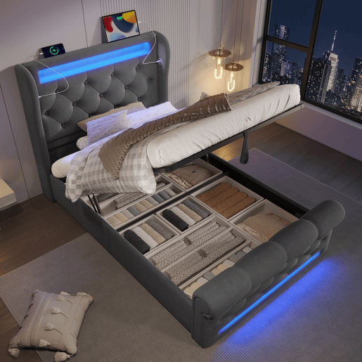 Cama estofada individual 90x200cm - Cama com luzes LED, cabeceira com arrumação e portas USB e Tipo-C, cama hidráulica - Cinza