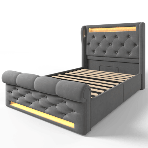 Cama estofada individual 90x200cm - Cama com luzes LED, cabeceira com arrumação e portas USB e Tipo-C, cama hidráulica - Cinza
