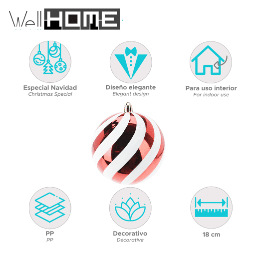Bola de Natal listrada vermelha Well Home com acabamento brilhante