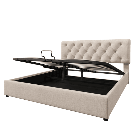 Cama de casal estofada 140x200 - Cabeceira ajustável, estrutura com arrumação, base metálica - Natural