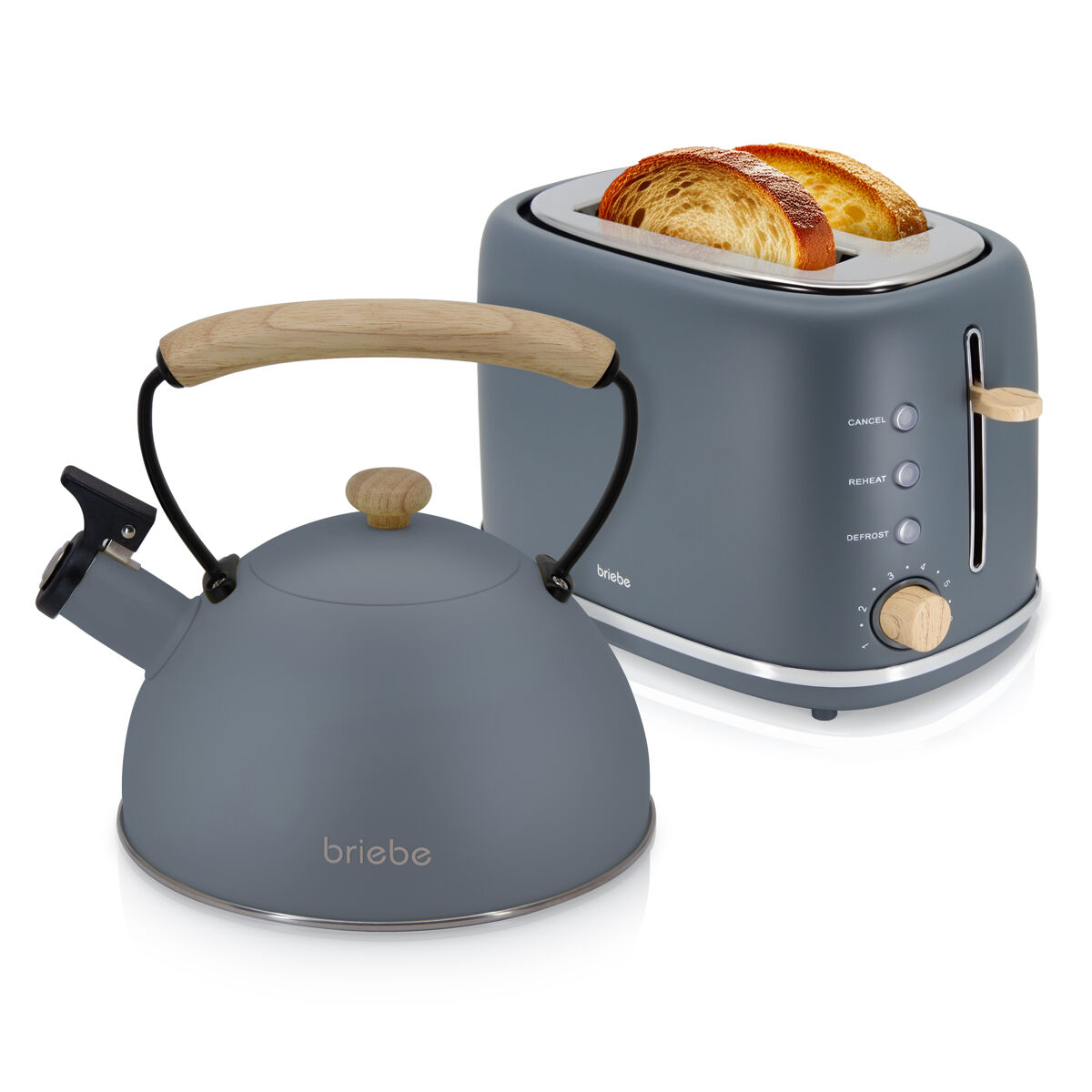 Briebe skt1177gry nordic set tostadora pan ranura ancha 2 rebanadas + tetera 2,3l acero inox, inducción libre bpa, 870, gris