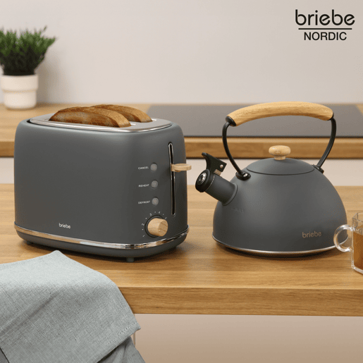 Briebe SKT1177GRY Nordic Tostapane a Fessura Larga a 2 Fette+ Chaleira de Indução com Apito, 2,3 L, 870, Cinza