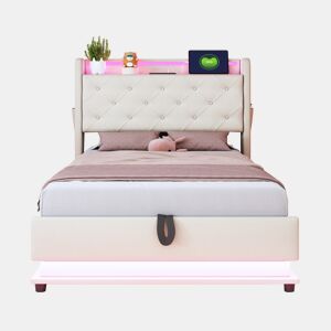 Cama infantil 90x200 cm - Com luzes que mudam, entrada USB, cabeceira rebatível, armazenamento hidráulico, bolso para telemóvel - Bege
