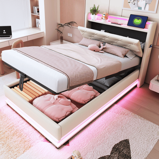Cama infantil 90x200 cm - Com luzes que mudam, entrada USB, cabeceira rebatível, armazenamento hidráulico, bolso para telemóvel - Bege