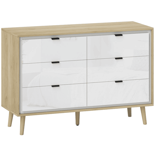 HOMCOM Cómoda com 6 Gavetas com Frentes em Branco Brilhante, Cómoda de Quarto com Pés de Madeira, Gaveteiro para Sala de Estar, Escritório, Estilo Moderno, 110x40x75 cm, Carvalho HOMCOM Cómoda com 6 Gavetas com Frentes em Branco Brilhante, Cómoda de Quarto com Pés de Madeira, Gaveteiro para Sala de Estar, Escritório, Estilo Moderno, 110x40x75 cm, Carvalho