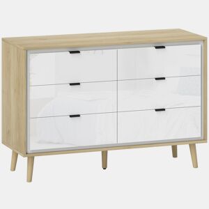 HOMCOM Cómoda com 6 Gavetas com Frentes em Branco Brilhante, Cómoda de Quarto com Pés de Madeira, Gaveteiro para Sala de Estar, Escritório, Estilo Moderno, 110x40x75 cm, Carvalho