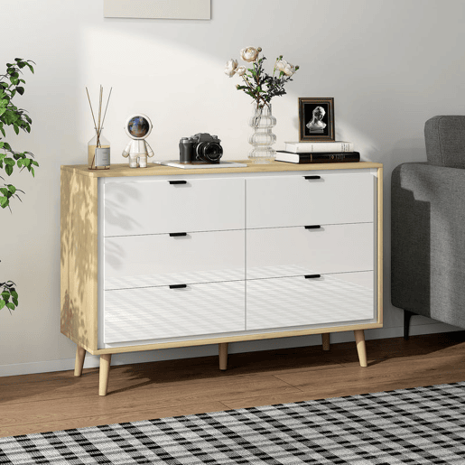 HOMCOM Cómoda com 6 Gavetas com Frentes em Branco Brilhante, Cómoda de Quarto com Pés de Madeira, Gaveteiro para Sala de Estar, Escritório, Estilo Moderno, 110x40x75 cm, Carvalho HOMCOM Cómoda com 6 Gavetas com Frentes em Branco Brilhante, Cómoda de Quarto com Pés de Madeira, Gaveteiro para Sala de Estar, Escritório, Estilo Moderno, 110x40x75 cm, Carvalho