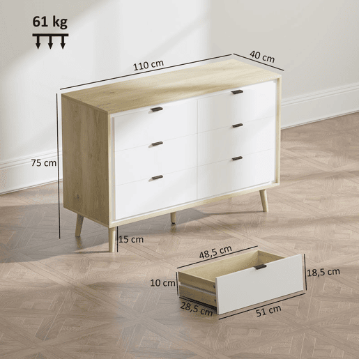 HOMCOM Cómoda com 6 Gavetas com Frentes em Branco Brilhante, Cómoda de Quarto com Pés de Madeira, Gaveteiro para Sala de Estar, Escritório, Estilo Moderno, 110x40x75 cm, Carvalho HOMCOM Cómoda com 6 Gavetas com Frentes em Branco Brilhante, Cómoda de Quarto com Pés de Madeira, Gaveteiro para Sala de Estar, Escritório, Estilo Moderno, 110x40x75 cm, Carvalho